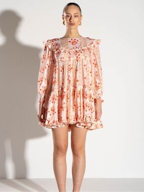 Innika Choo Floral Ruffle Tiered Mini Dress - Pink & Orange